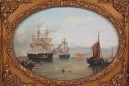A good 20th century antique style framed oil on canvas painting of a ship scene,