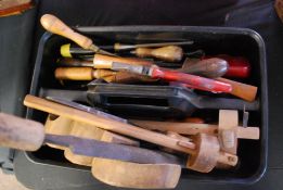 An extensive tray of cabinet makers woodworking tools to include planes,, scribes, drill bits,