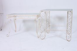 2 vintage 20th century wrought iron painted glass coffee tables of rococo form ( near pair )
H53