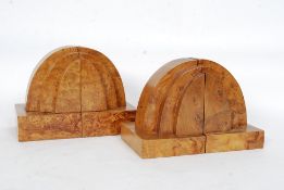 2 excellent pairs of burr walnut Art Deco odeon style angular bookends,