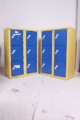 A pair of retro style 20th century two tone yellow and blue metal locker cabinets having multiple