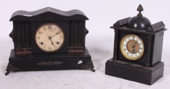 A Victorian slate 24 hour mantel clock together with a faux marble ebonised wooden mantel clock (