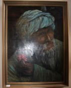 A large 20th century oil on canvas 3/4 portrait study of an elderly Arabian gentleman being signed