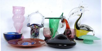 A collection of studio glass wares to include a Toucan, duck ornament, Murano Sommerso pin dish,