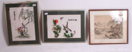 2 Chinese silk needlepoint tapestries being framed and glazed together with a Chinese mountain