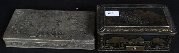 A fabulous Geo Bassett & Co ( manufacturing confectioner's ) tin casket with embossed plouthman