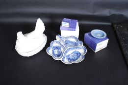 A Portmeirion ceramic chicken together with a collection of Wedgewood china ceramics still in the