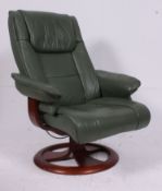 An Ekornes Stresslesss style green leather swivel and recline contemporary armchair.