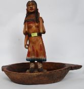 A vintage wooden  dough bowl / chipati bowl together with a vintage wooden carved tribal figurine