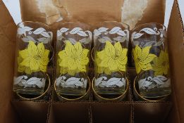 A ' new in box ' retro set of  Yellow Crystala 1960's American party glasses with applied floral