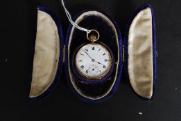 A 9ct gold pocket open faced pocket watch having enamel face with roman numeral chapter ring.