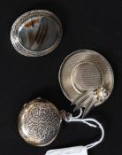 A collection of 3x silver / white metal brooches and lockets to include one in the form of a hat,