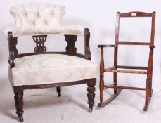 An Edwardian mahogany and chenille upholstered tub bedroom chair together with a rocking chair