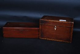 A 19th century rosewood tea caddy having ivorine key hole escutcheon and Tunbridge ware decoration