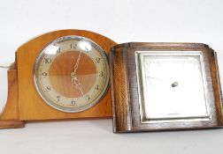 A 1930's Art Deco walnut mantel clock together with a Walker & Hall aneroid silver faced and oak