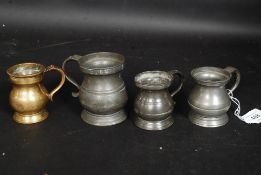 A collection of 3 19th century pewter small tankards all marked to the sides together with a brass