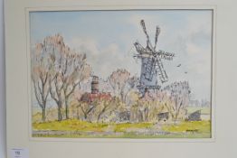 Watercolour of a Lincolnshire windmill.