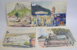 6 watercolours to include fairground scene and other romantic holiday type paintings.