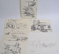 A collection of 5 sketches of planes, various views, including interior and exterior.