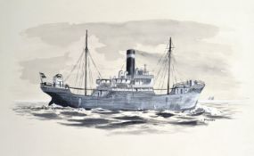 Illustration of steam/sail ship in motion in various shades of grey.  Signed to bottom left STUCKEY.