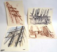 5 onboard pen and ink scenes from the boat 'Shenanagan',