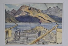 Mountainous scene from the front of a sh