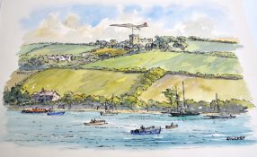 Watercolour on paper of coastal scene wi