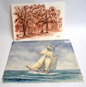 Watercolour on card of yacht 'Shenanagan' in full sail. Signed bottom right STUCKEY '92.