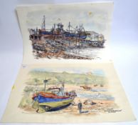 2 maritime watercolours on paper of boats with the tide out.  Signed bottom right STUCKEY.