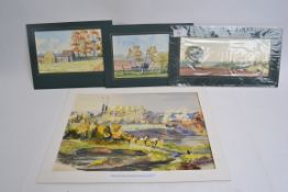 4 country scenes in watercolour of varying sizes from 21cm x 14cm up to 38cm x 28cm .