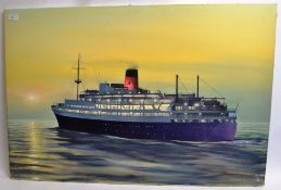 STUCKEY,large oil on canvas featuring ship 'REINA DEL MARE' at sunset. 92cm x 61cm.
