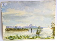 Watercolour on card of Barton Broad in 1957 featuring an ascending heron.