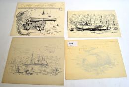 STUCKEY , 4 Pen and ink dawings, 3 maritime, 1 canon, all signed or mongrammed.  Approx 18cm x 23cm.