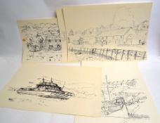 5 unsigned sketches by Stuckey of boat and waterside scenes.  Pen and ink on paper .  W36cm x L51cm.