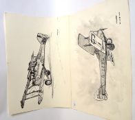 2 monochrome drawings of fighter biplane
