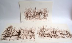 3 rural N.Y. County scenes.  Pen and Ink