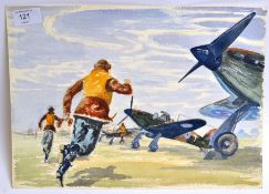 STUCKEY,  Men racing towards spitfires on ground,  watercolour on paper.  26cm x 36cm.