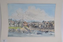 Watercolour coastal scene marked 'Pill'.