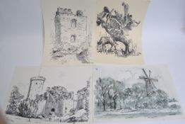 3 monochrome drawings and 1 watercolour