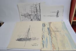 5 drawings and 1 watercolour, some signe