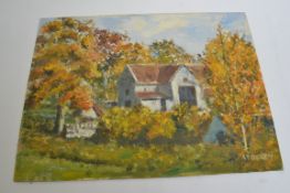 Country house scene in the autumn.  Oil