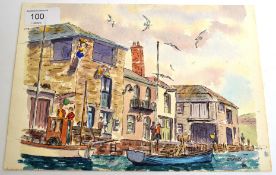 Waterside scene with gulls above.  Water