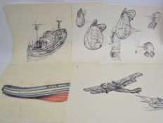 7 studies of boats and planes, some sign