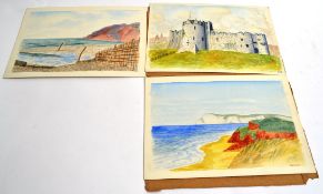 3 watercolours on card, 2 monogrammed  P