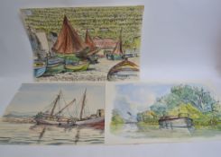 3 boating scenes in vivid watercolours o