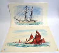 2 watercolours, 1 of ships in sail other