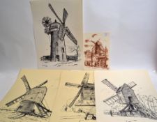 5 pen and ink drawings of windmills all