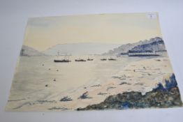 Twilight coastal scene featuring several