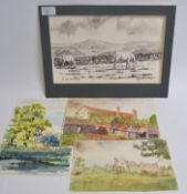 5 watercolours of country scenes, one to