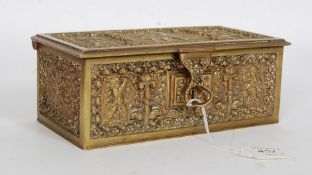 A fabulous 20th century continental heavy brass casket in repousse having cherub and rococo